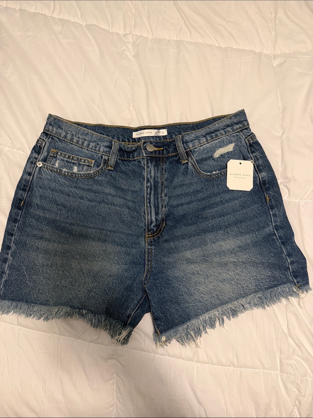 Altar'd State Medium Wash Blue Denim Frayed Hem Jean Shorts